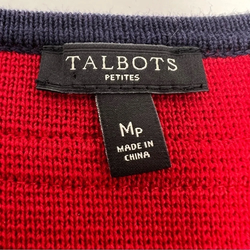 Talbots Cardigan Sweater Red Navy Trim 3/4 Sleeve Pockets Heavy Knit Size Med P - Picture 9 of 12